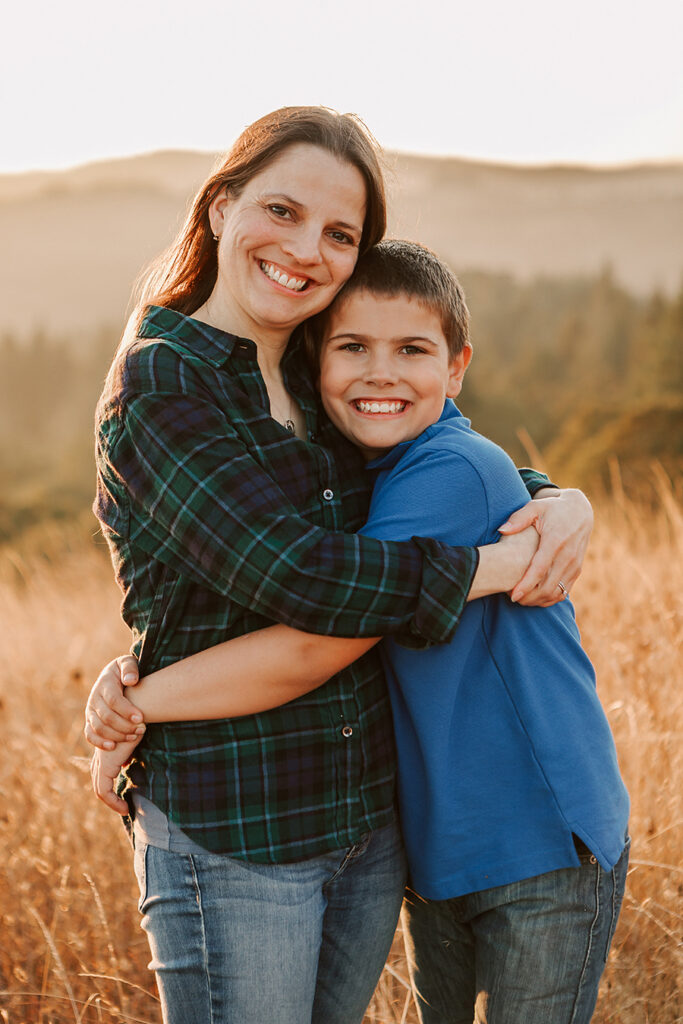 Mother and son hugging at Fitton Green Natural Area Corvallis, OR